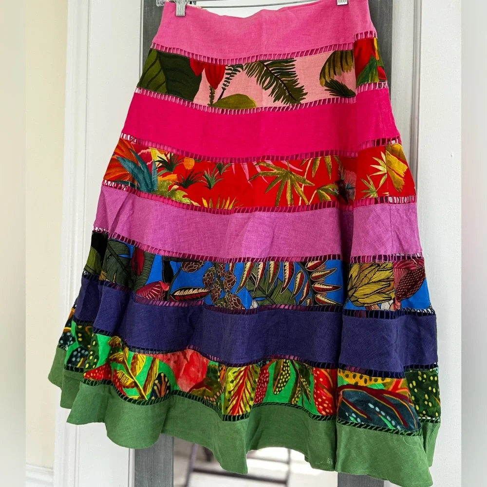 FARM Rio Rainbow Mixed Prints Tiered Midi Skirt Gypsy Bohemian - Picture 8 of 15